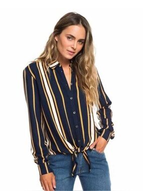 Roxy Vertical Striped Long Sleeve Button Down Blouse